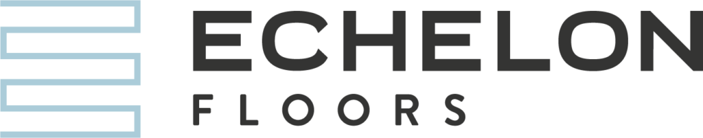 Logo for Echelon Floors featuring three horizontal stacked lines on the left, followed by the company name 'Echelon' in bold black letters and 'Floors' in smaller black text below